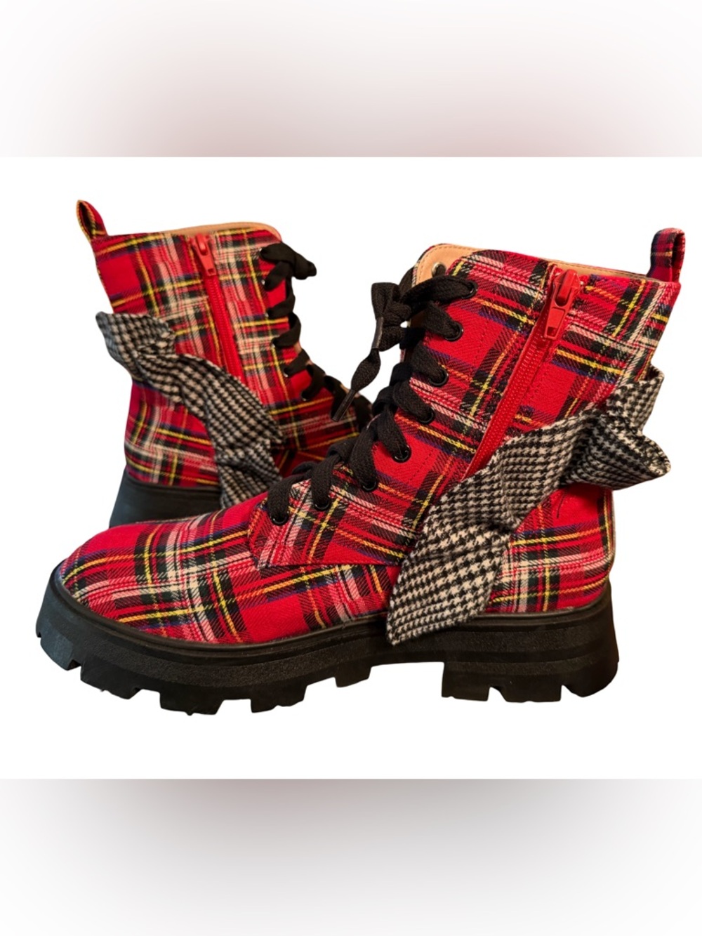 Betsey Johnson NWT Sz 9 Rozy Red Plaid Combat Boots Houndstooth Accent (SH327) - Picture 3 of 12